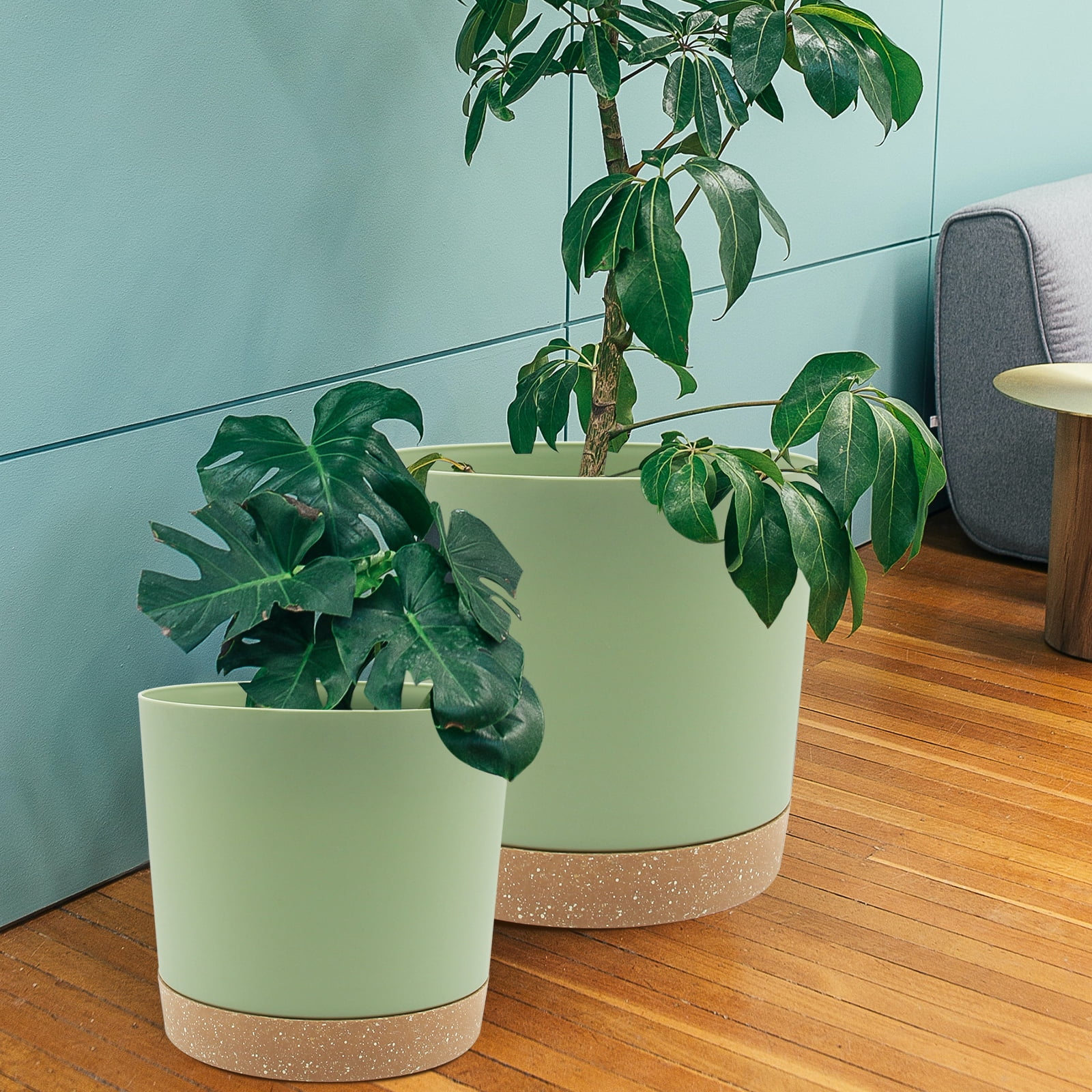QCQHDU 2 Pack Plant Pot, Green Plastic Indoor Planter With Drainage Holes And Removable Base