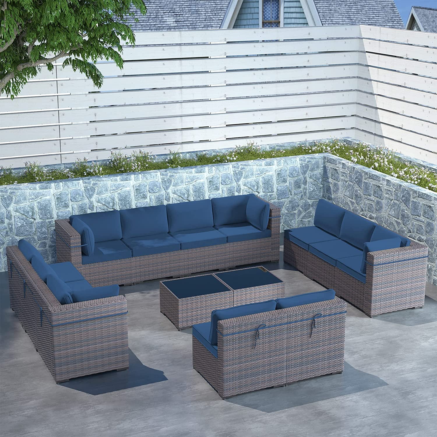 Gotland Outdoor Patio Furniture Set 14 Pieces Sectional Rattan Sofa Set PE Rattan Wicker Patio Conversation Set with Seat Cushions and Tempered Glass Table,navy blue