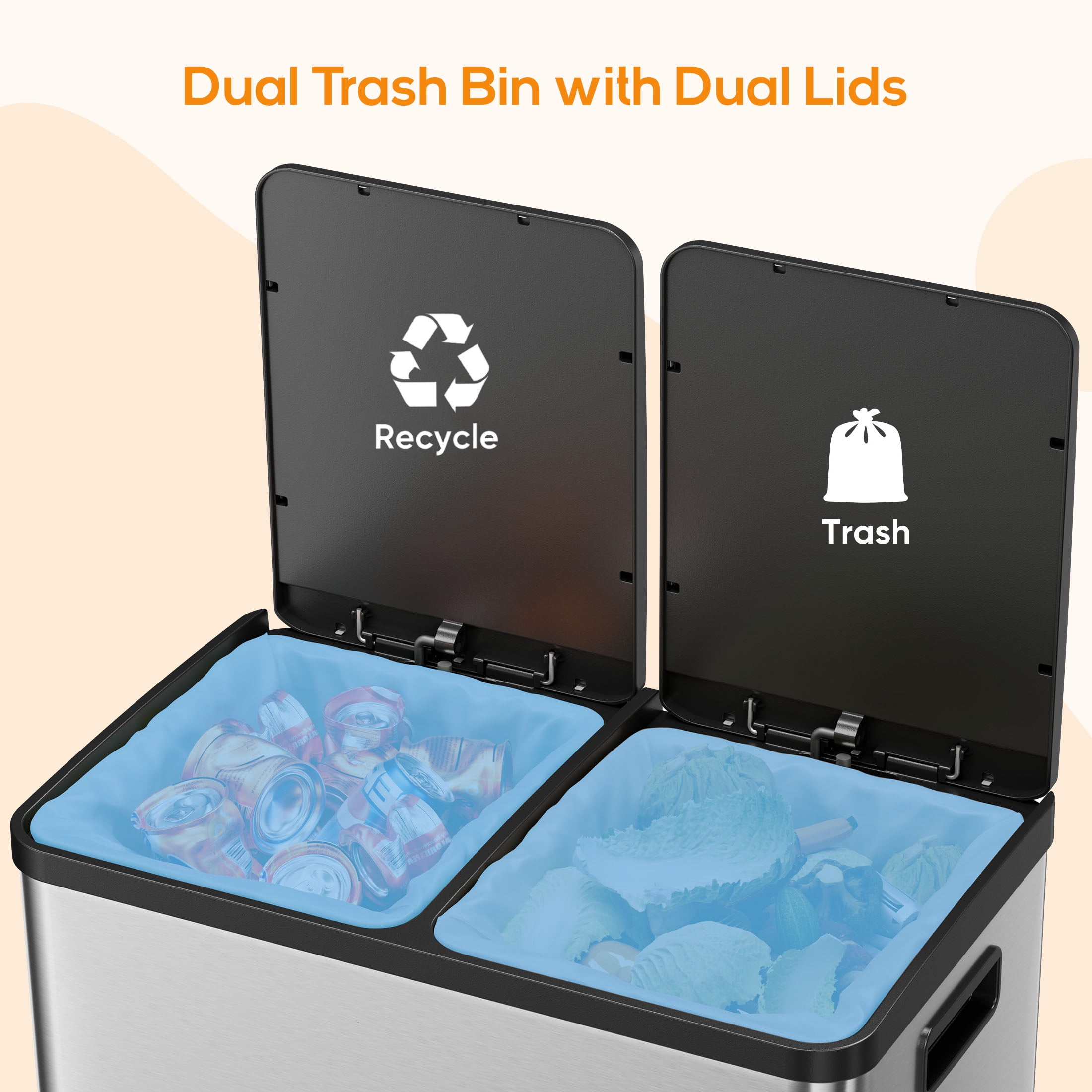 Kitchen Trash Can, 16-Gallon Stainless Steel Dual Compartment Garbage Bin with Soft-Close Foot Pedal and Removable Inner Buckets for Kitchen & Office