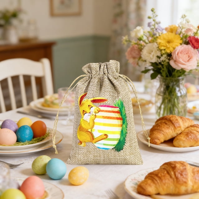 RKSTN Polyester basket Easter-themed Gift Bags And Featuring Rabbits And Easter Egg Patterns On A Burlaps-like Fabric And Perfects For Holiday Parties And Decorations room decor
