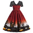 thumbnail image 4 of FASHOFT Halloween Dresses For Women Hepburn Style Vintage Lace Crew Neck Short Sleeve Print Swing Dress Elegant Party Gown Outfit Halloween Costumes L, 4 of 9