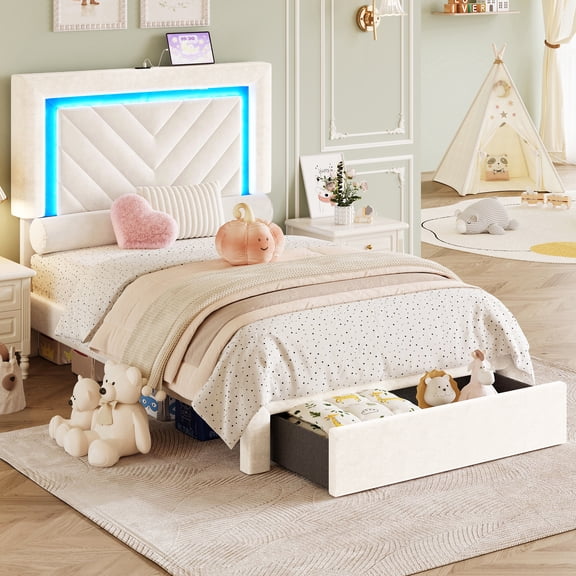 NHIXSOM Twin Upholstered Platform Bed Frame with LED Lights and Storage, Velvet Adjustable Headboard, Off White