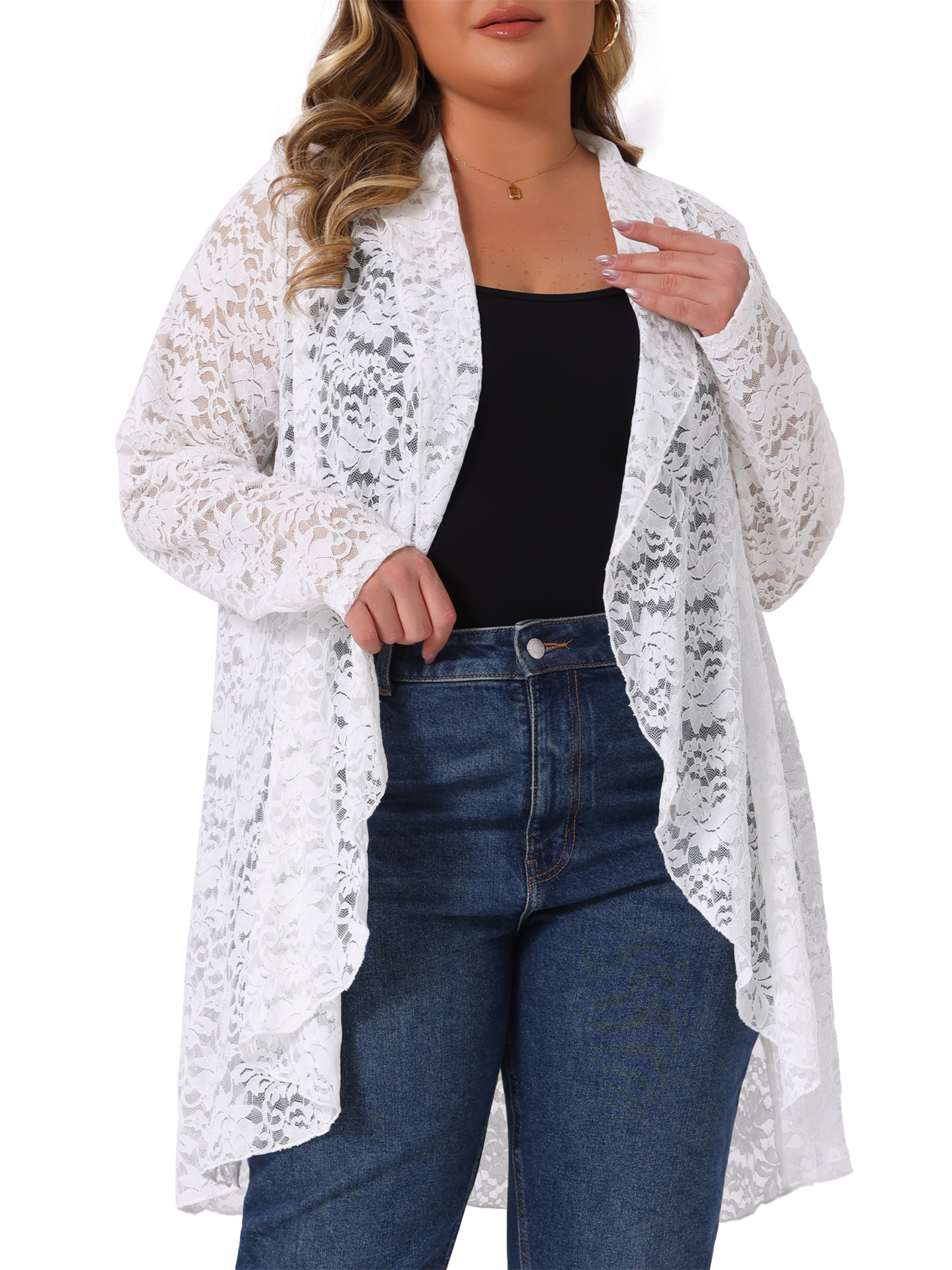 DARING DIVA Women's Plus Cardigan Open Front  Sheer Lace Crochet Cover Up 3X White