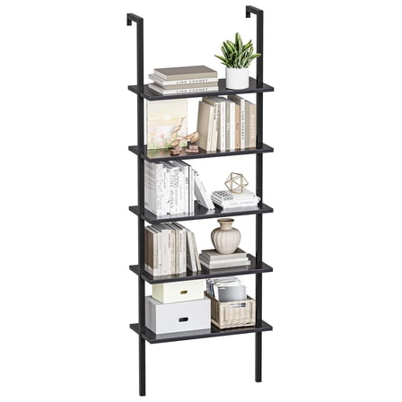 5-Tier Bookshelf, Wall Mount Ladder Shelf with Wood Board and Industrial Metal Frame, for Home Office, Living Room, Bedroom, Entryway and Hallway Black