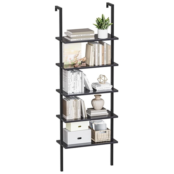 5-Tier Bookshelf, Wall Mount Ladder Shelf with Wood Board and Industrial Metal Frame, for Home Office, Living Room, Bedroom, Entryway and Hallway Black