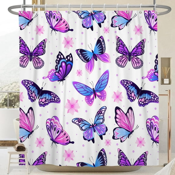 Purple Butterflies Shower Curtain,Spring Summer Floral Shower Curtain Aesthetic Women Girls Bathroom Decor Curtains Set with Hooks,72x72in