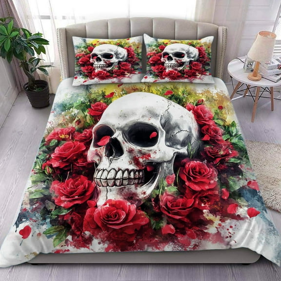 Full Size Comforter Set with 2 Pillowcases, Skull with Flower - 3 Pcs Bedding Set for Kids and Adults, Skull with Flower Soft Comforter Set for Bedroom Bed Décor