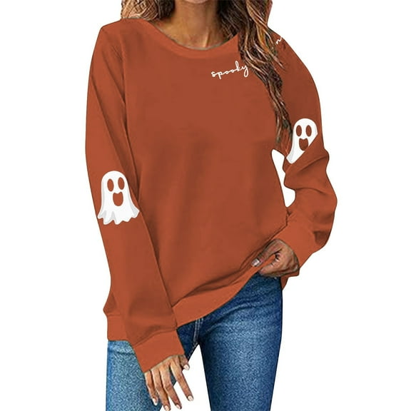 NMMUED Women Halloween Sweatshirts, Halloween Tshirts Women, Womens Long Sleeve Tops, Y2k Outfits for Women, Pullover Sweatshirts for Women, Cute Halloween Shirts, Brick Red L