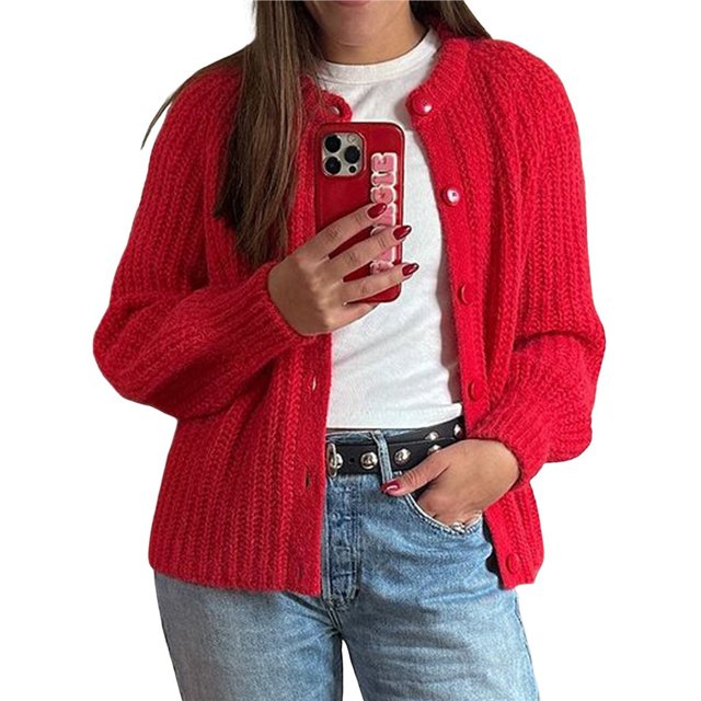 Suéter Cárdigan Informal de Larga con Cuello Redondo y Botones para Mujer, Prenda Exterior de Punto Rojo Brillante XL