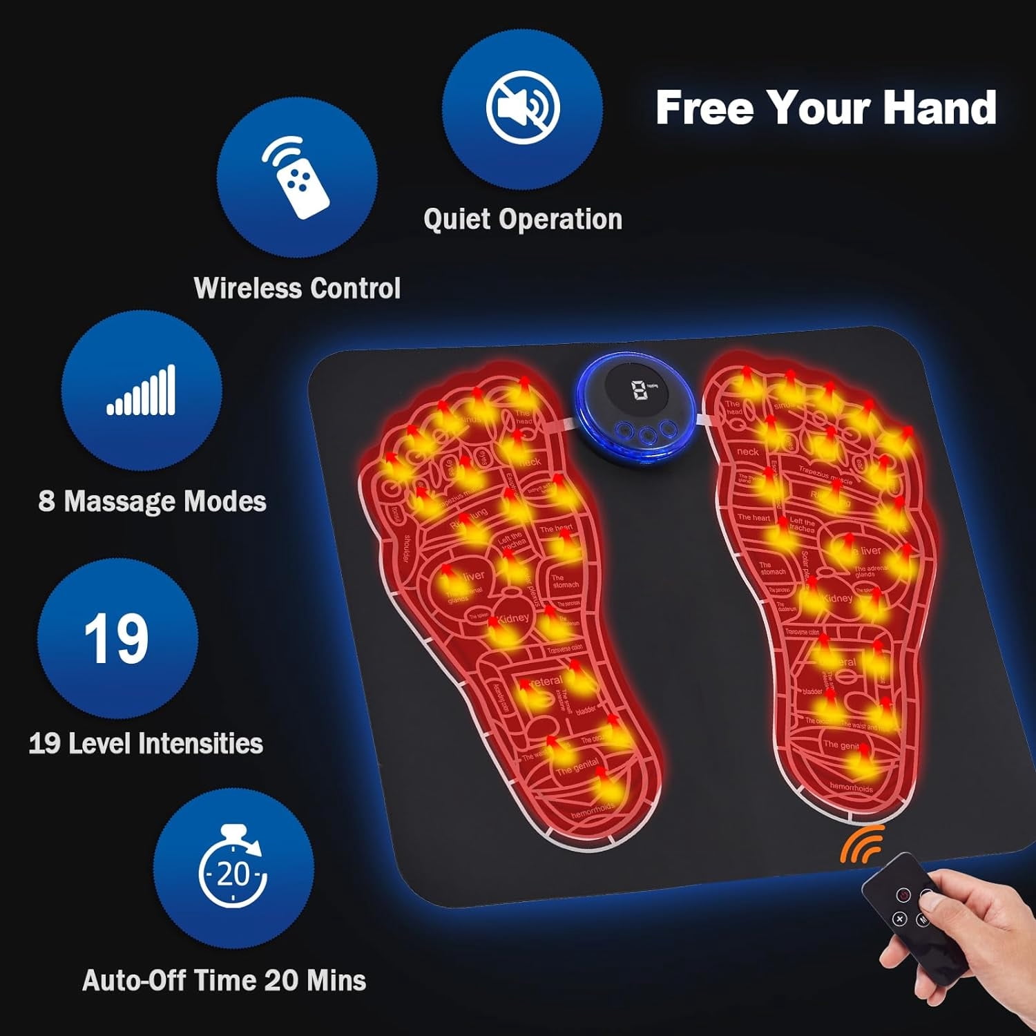 SkyAuks Foot Massager, Massage Tools, Muscle Relaxation,Back & Leg Foot Massage, Portable & Rechargeable Foot Massager Mat with Remote Control, Blue