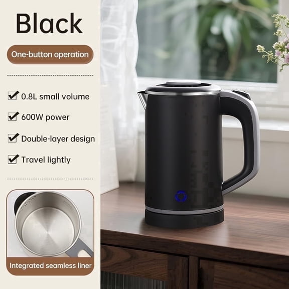 0.8L Portable Stainless Steel Electric Kettle, Double Layer Anti-Scald, Auto Shut-Off Mini Hot Water Boiler for Travel Camping Office, 600W Low Power