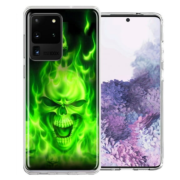 MUNDAZE For Samsung Galaxy S20 Ultra Green Flaming Skull Design Double Layer Phone Case Cover