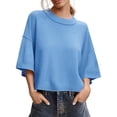 thumbnail image 2 of Short Sleeved Solid Color Women Casual Crewneck Knit Crop Sweater Tops, 2 of 5