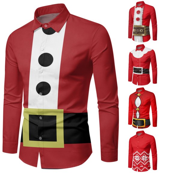 Men Autumn Winter Christmas Long Sleeve Button Full Print Funny Novelty Shirts Red XXL