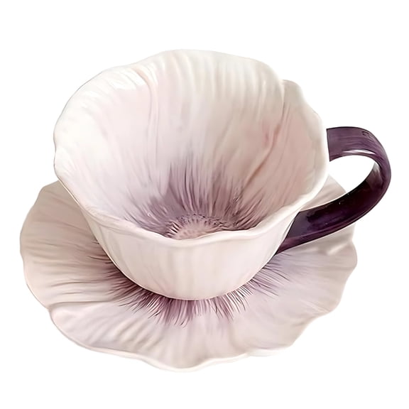 Ceramic Flower-Shaped Cappuccino Cup Set, 11.8 oz / 350 ml Latte Cup and Saucer Set, Elegant Floral Espresso Cup Set, Unique Petal-shaped Mouth & Patterned Saucer, Aesthetic Coffee Set, Purple