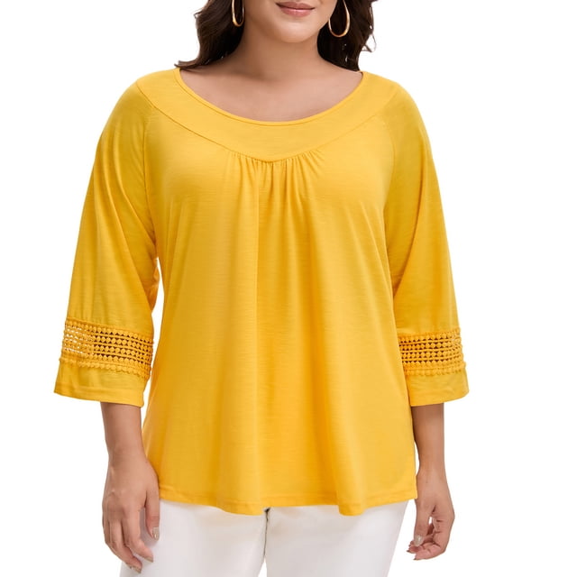 GRACE & GRANDEUR Hauts Décontractés Unis à Manches Raglan pour Femmes Grande Taille Jaune 1X