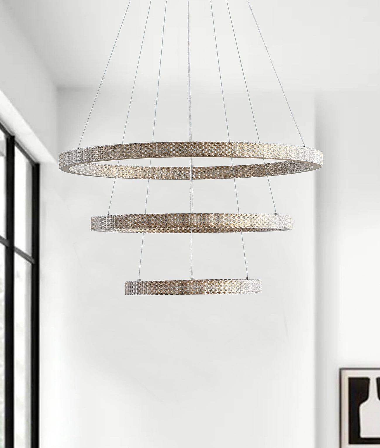 Aiwen Gold Finished 3 Tiered Crystal Rings Linear Chandelier Stylish Pendant Light