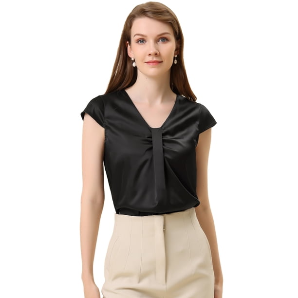 Allegra K Blusa De Satén Para Mujer, Oficina De Trabajo, Cuello En V, Manga Casquillo, Top Elegante Negro M