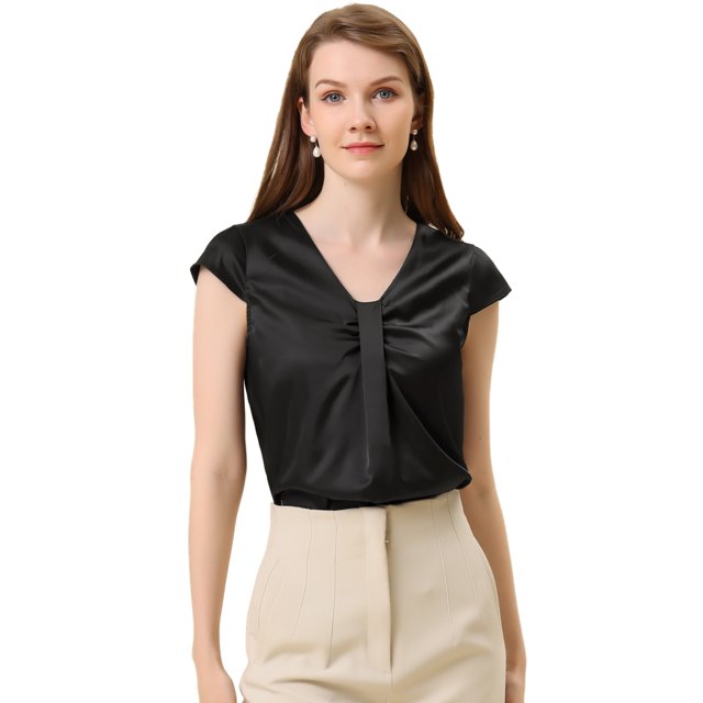 Allegra K Blusa De Satén Para Mujer, Oficina De Trabajo, Cuello En V, Manga Casquillo, Top Elegante Negro M