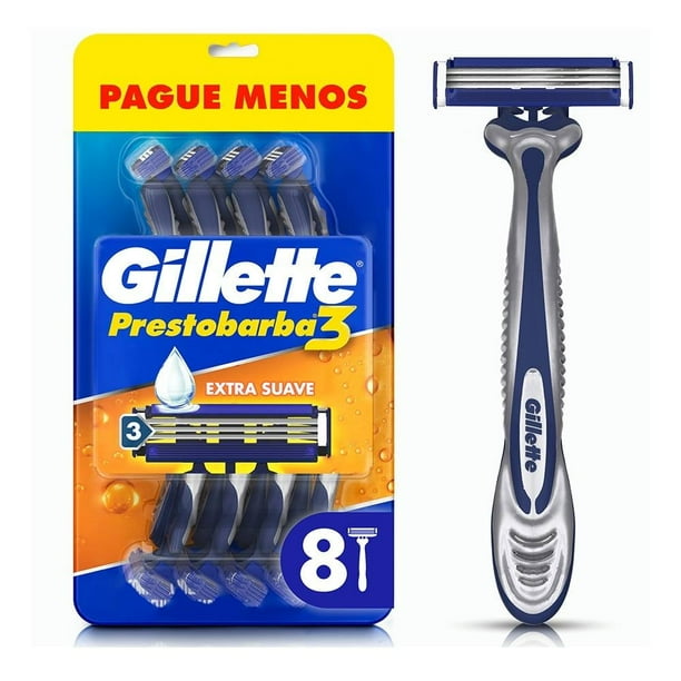 Rastrillo Gillette Prestobarba3 con 3 hojas, para rasurar la barba al ras, 8 pzas