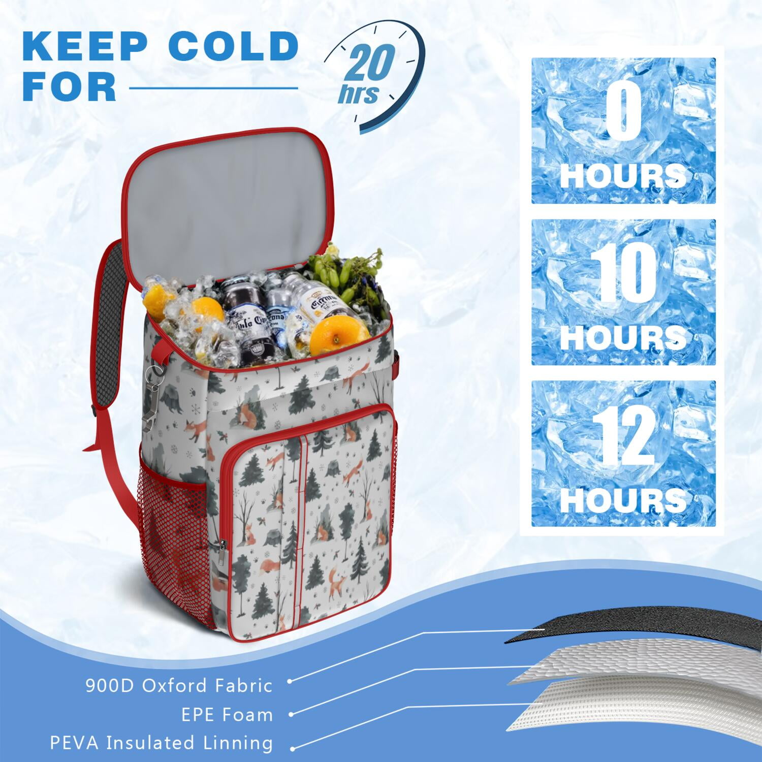 Travel Cooler Bag - Multicolor Christmas Forest Pattern Camping Beer Cooler Backpack with Bottle Opener- Waterproof Insulated Picnic Backpacks - Cooler Bag for Beach