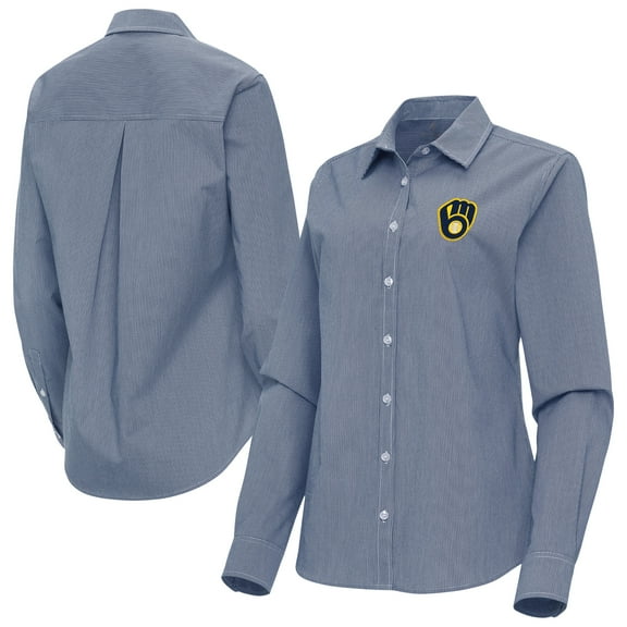 Women's Antigua Navy Milwaukee Brewers Porter Woven Long Sleeve Button-Up Shirt