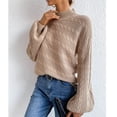 thumbnail image 3 of Suéter con cuello simulado Tejido de cable Color puro Hombro caído Manga larga Suéter de ajuste casual para mujer Caqui S, 3 of 6