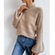 thumbnail image 3 of Suéter con cuello simulado Tejido de cable Color puro Hombro caído Manga larga Suéter de ajuste casual para mujer Caqui S, 3 of 6