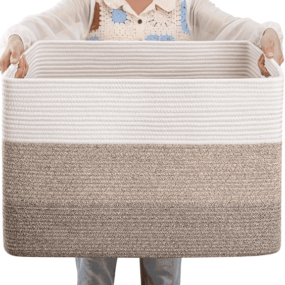 72L Large Blanket Basket（25"x16"）,Large Blanket Basket for Organizing, Dog Toy Bin,baby laundry basket,Cotton Rope Blanket Basket for Living Room, Laundry, Nursery, Pillows (White and Brown)