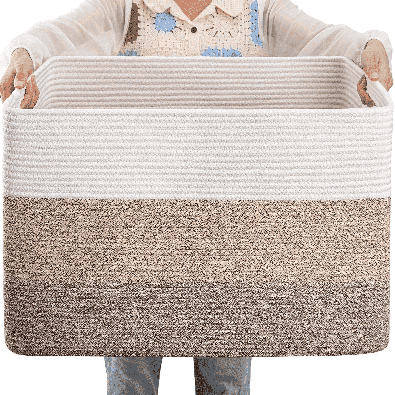 72L Large Blanket Basket（25"x16"）,Large Blanket Basket for Organizing, Dog Toy Bin,baby laundry basket,Cotton Rope Blanket Basket for Living Room, Laundry, Nursery, Pillows (White and Brown)