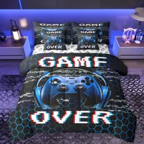 Manfei Blue Gamepad 7pcs Bedding Comforter Set,Game Console Queen Bedding Sets,Geometric Honeycomb Hexagon Queen Sheet Sets For Men Women,Breathable Home Decor Reversible