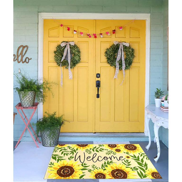 Yellow Sunflowers On A Blue Background Welcome Outdoor Door Mat