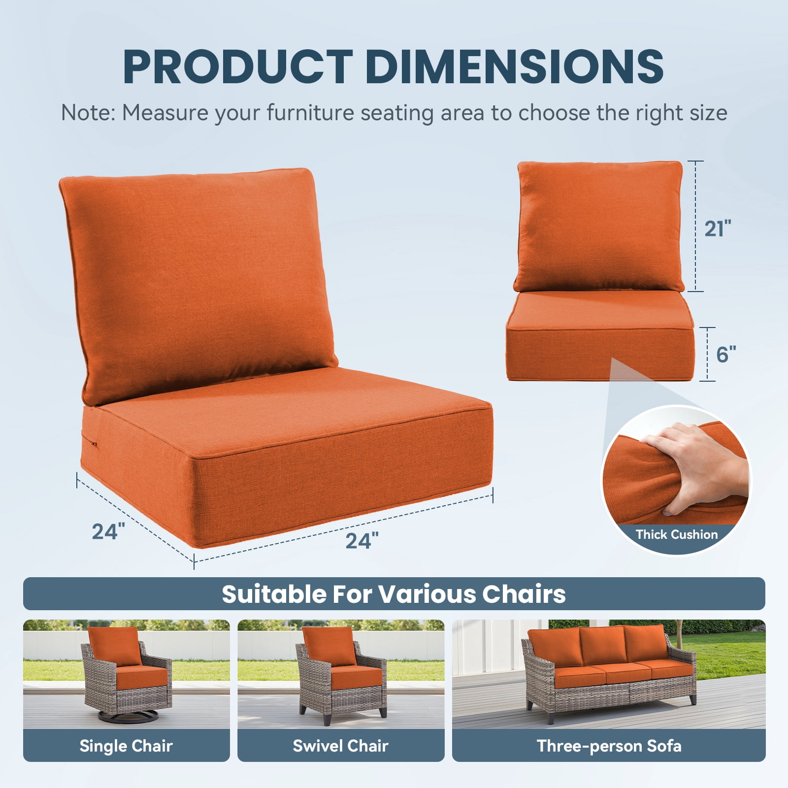 Jentlehouse Outdoor Deep Seat Cushion 24" X 24" X 6" for Patio Furniture,Outdoor Chair Cushions Water & Fade Resistant Patio Furniture Cushions for Wicker Chair, Sofa, Couch, Orange (Set of 2)
