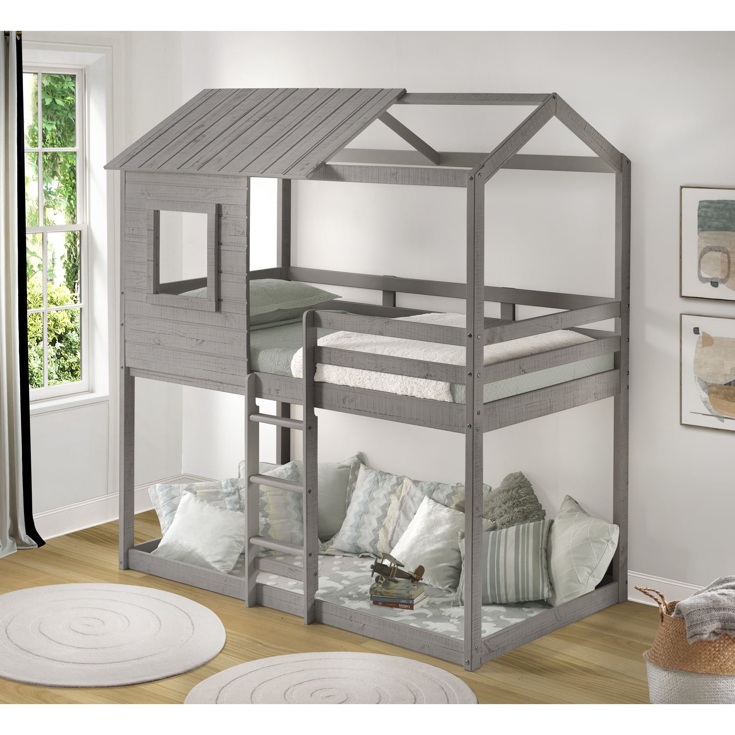 Deer Blind House Bunk Bed Twin Over Twin Bunk Bed for Kids Bunk Beds Playhouse Twin Bunk Bed Wooden Bunk Beds for Kids with Ladder Guard Rail