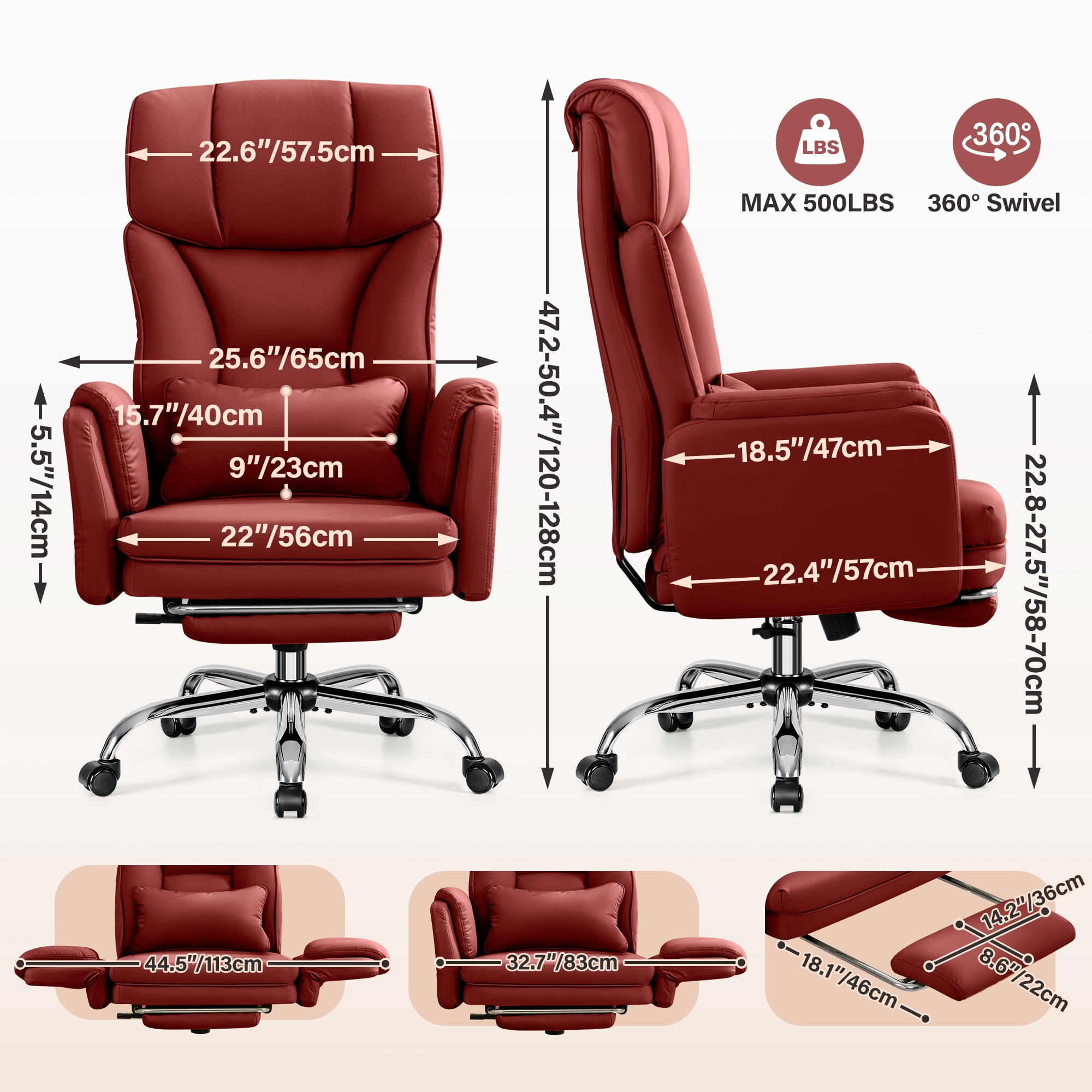 COOLHUT Big and Tall Office Chair, High Back Executive PU Leather Desk Chair with Footrest, Ergonomic Home Office Chair Computer Chair with Lumbar Support & Padded Armrest, Burgundy Red