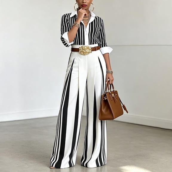 Morttic Women's Elegant Business Striped 2-Piece Outfit – Long Sleeve Lapel Button Front Shirt & High Waist Wide Leg Pants Black,S