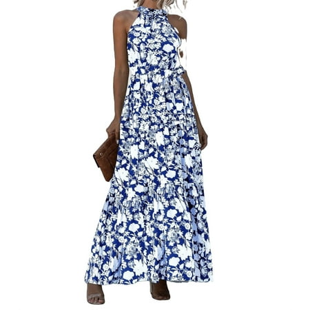 

Womens Belted Halter Floral Dress Blue and White M
