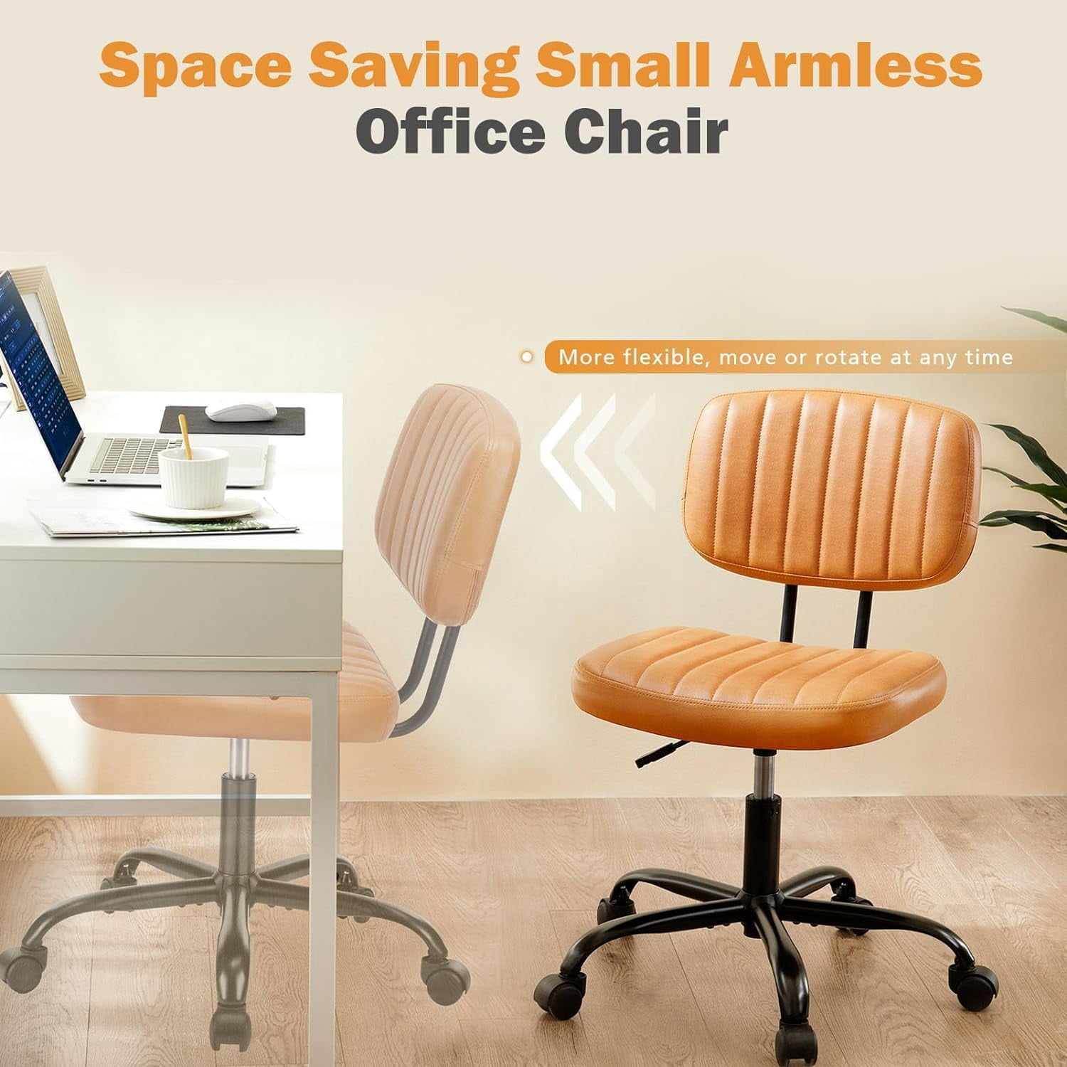 Armless Office Desk Chair with Wheels, Adjustable Height 360° Rolling Swivel Lumbar Support Low-Back Computer Chair, PU Leather, Brown