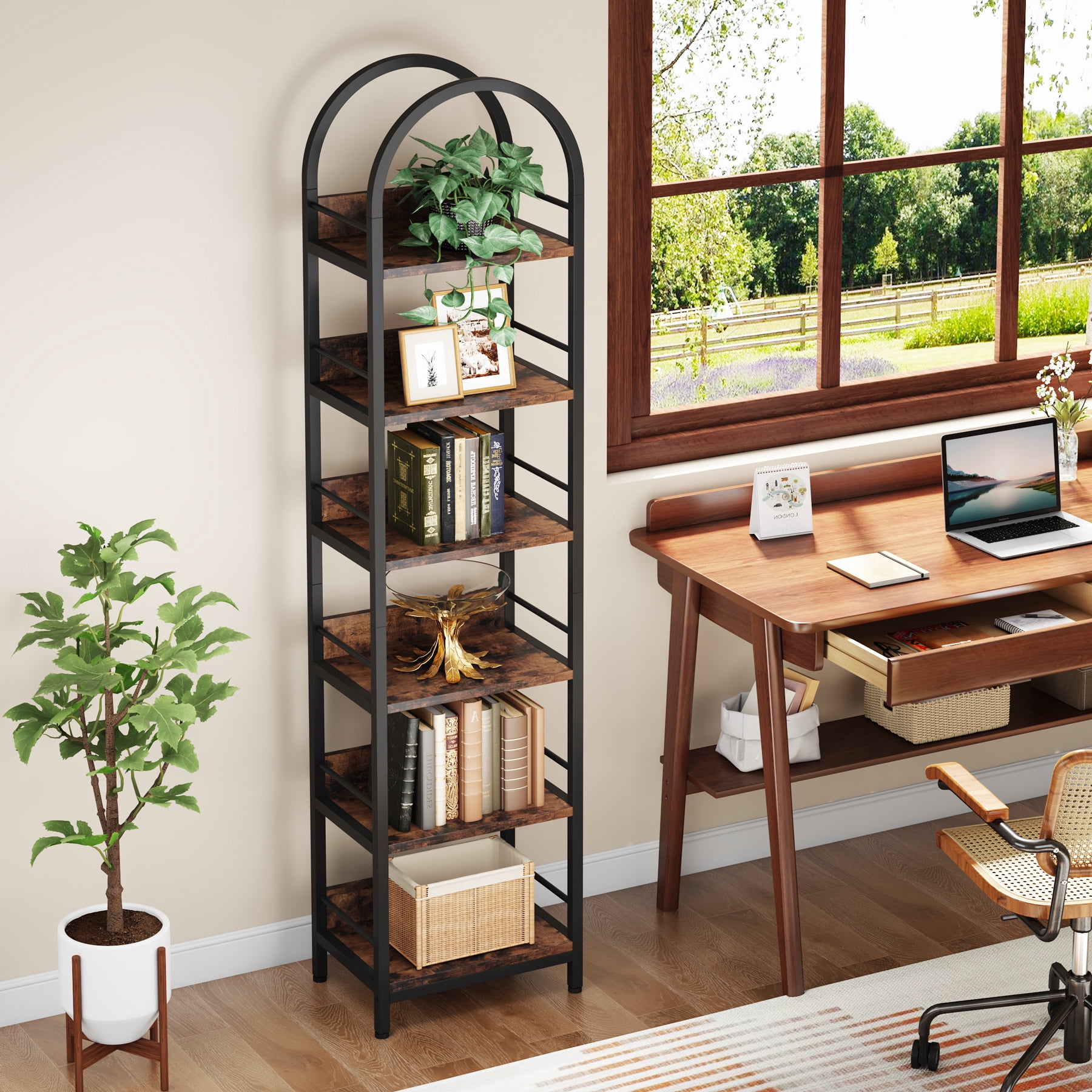 Tribesigns 6-Tier Open Bookshelf, 78.7" Tall Arched Bookcase with Metal Frame, Freestanding Corner Bookcase for Living Room