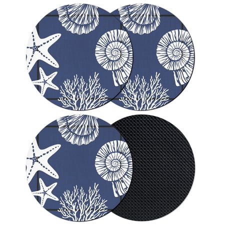 Navy Blue Coastal Coasters Set of 4 Absorbent Coasters for Drinks Square Coral Starfish Beach Coaster for Desk Coffee Table Protection Home Decor House Warming Gifts 4