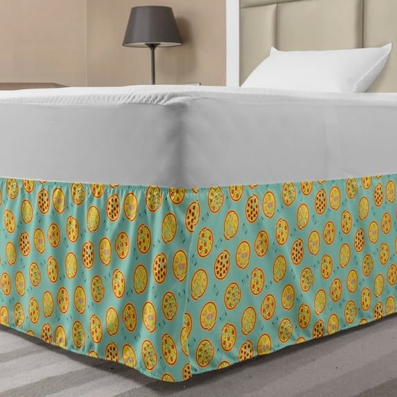 Pizza Bed Skirt, Cartoon Design of Italian Cuisine Dishes in Rhythmic Composition Print, Elastic Bedskirt Dust Ruffle Wrap Around for Bedding Decor, 4 Sizes, Mint Green and Multicolor, by Ambesonne