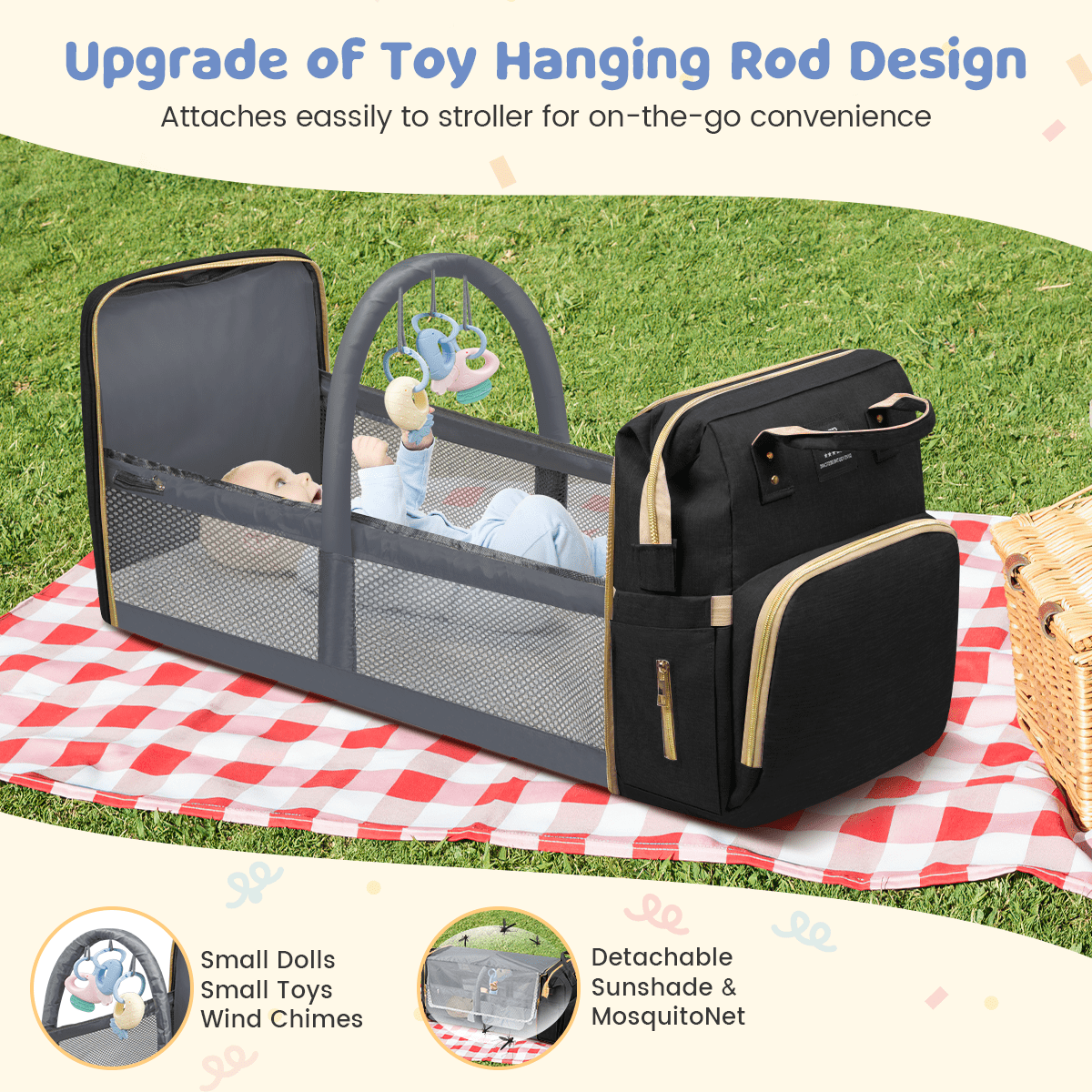 Diaper Bag Backpack, Multifunctional Baby Diaper Bags with Foldable Crib & Changing Station,Large Capacity Portable Travel Back Pack W/ USB Charging Port & Stroller Strap, Baby Shower Gifts(Black)