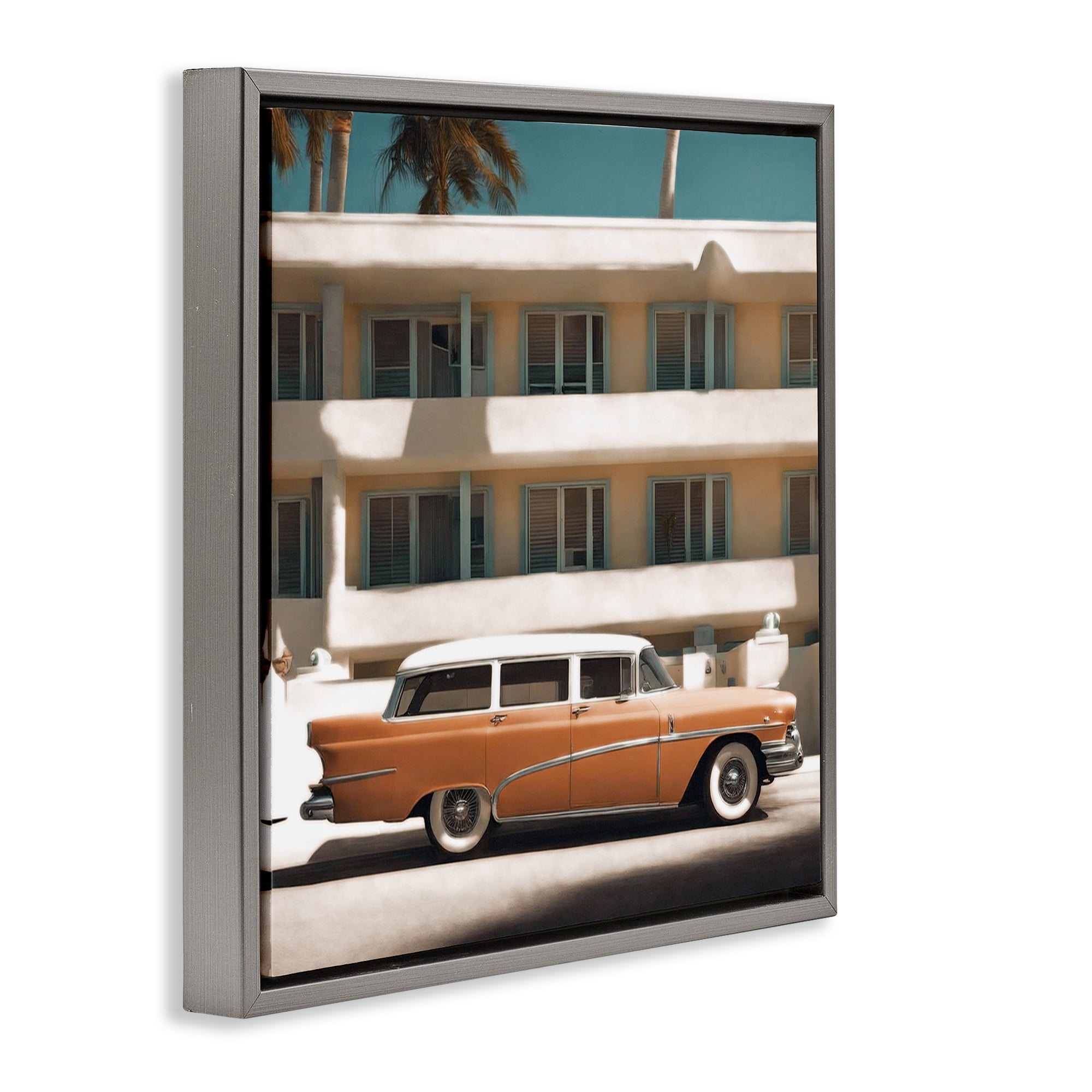 Stupell Industries Antique Car in Miami Transportation Painting Gray Floater Framed Canvas Art Print Wall Art, 25 x 25