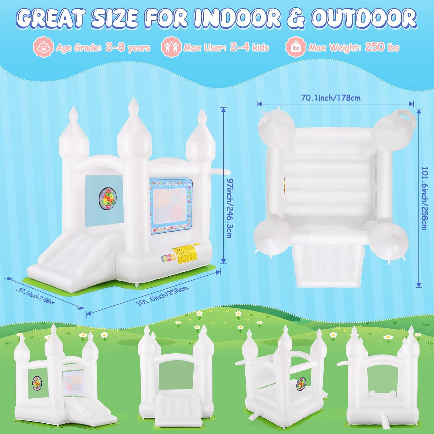 Adnoom Bounce House for Kids 3-8, White Bouncy Castle with Slide, Inflatable Bouncer with Magical Water Canvas, Wedding Party Kids Birthday Party, Indoor & Outdoor