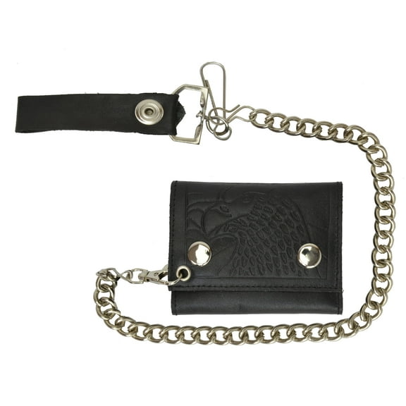 Marshal Genuine Leather Men EAGLE Trifold Wallet Chain Biker Trucker, Black