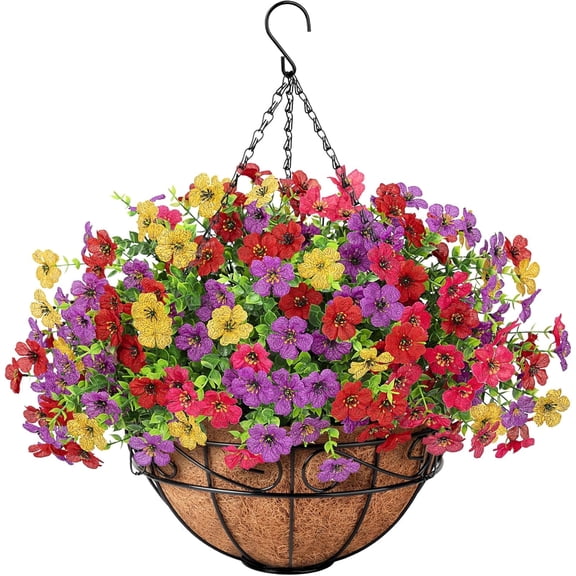 Artificial Hanging Flowers for Outdoors with Hanging Basket Fake Silk Flowers Plastic Faux Plants UV Resistant for Spring Summer Front Porch Porch Patio Garden Home Decor, Mixed Color
