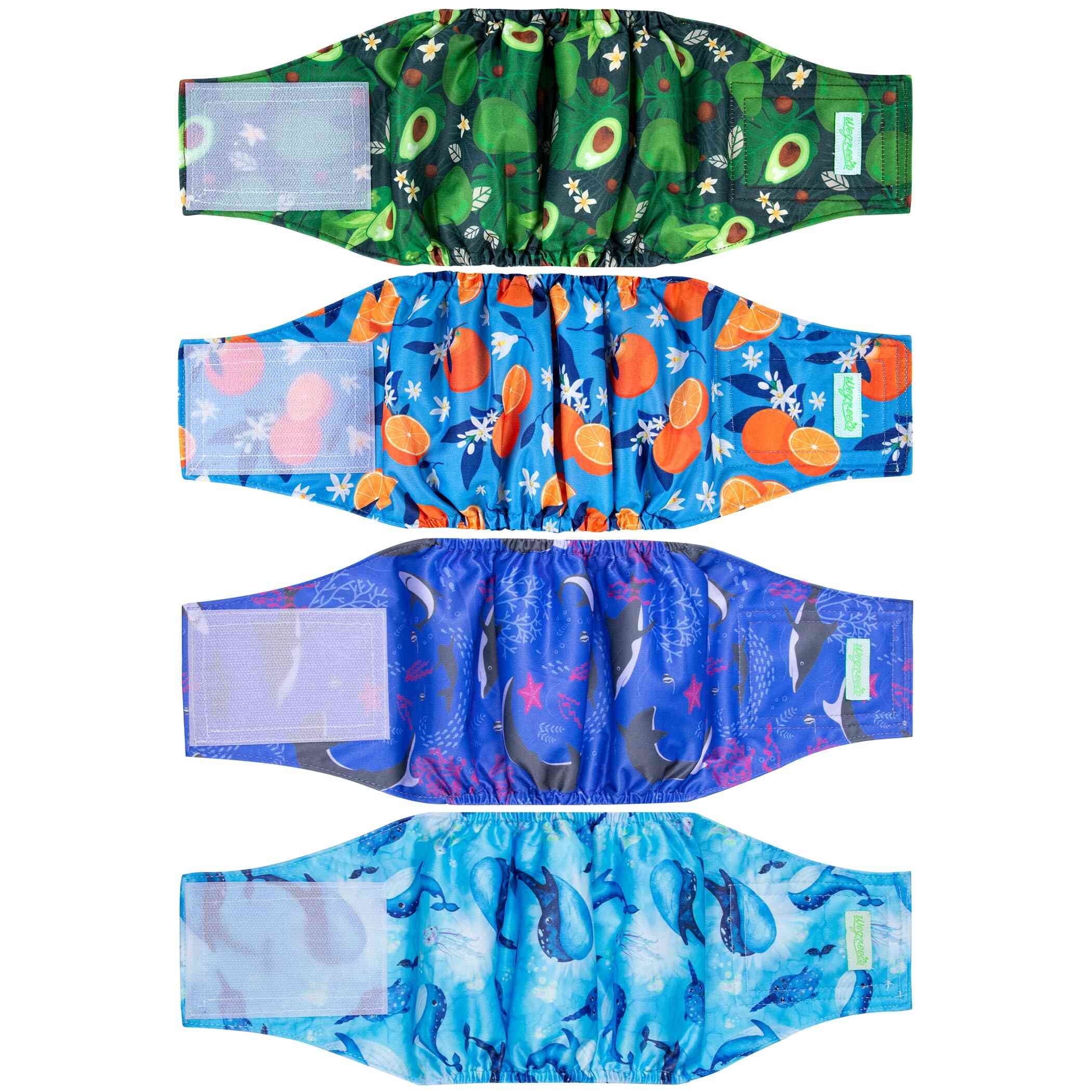 Wegreeco Pack of 4 Reusable Male Dog Belly Band, Washable Premium Male Dog Diapers, Super-Absorbent Dog Wraps(Fruit, Adventure, Small)