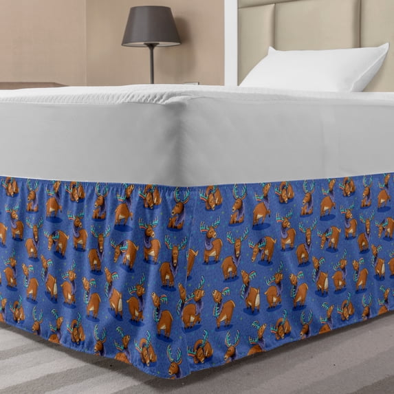 Moose Bed Skirt, Hand Drawn Style Funny Cartoon Characters Elks with Rainbow Antlers Friendly Mammals, Elastic Bedskirt Dust Ruffle Wrap Around for Bedding Decor, 4 Sizes, Multicolor, by Ambesonne