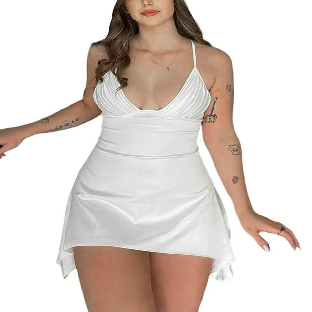 PENGXIANG Femmes Sexy Coupe Basse Tache Mini Robe en Satin Sans Manches Spaghetti Robe de Soirée Soyeuse Robe de Cocktail Club