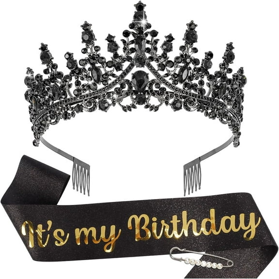 Birthday Sash and Crown Set for Women Girls - Black Gold Tiara and Sash Decorations Gifts